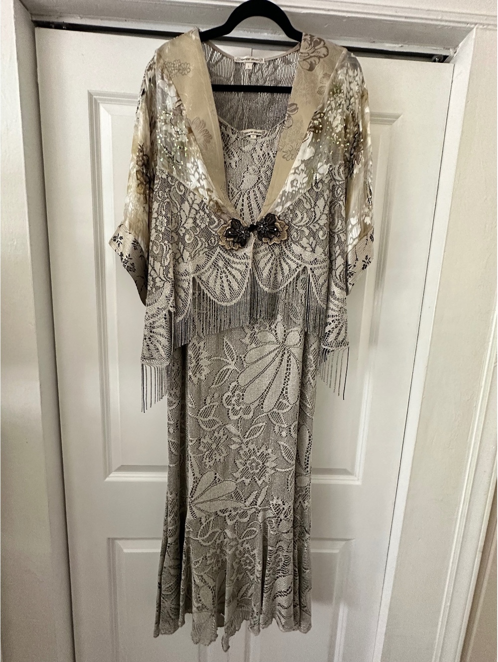 Vintage Spencer Alexis Metallic Lace Fringe Dress & Jacket Set 90s Y2K Sz Large